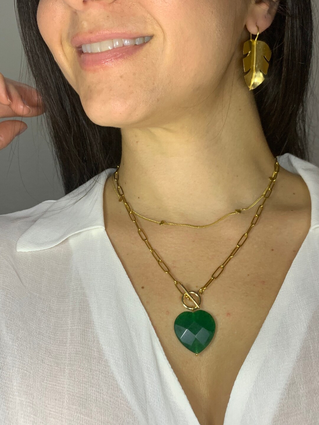 Ladies Black Leather Cord Choker With Green Jade Heart Pendant | 13-14 Inch | Handmade UK - View #4