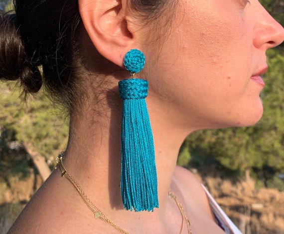 Pendientes largos de flecos. Pendientes largos fiesta azul - Etsy España