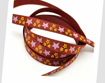 1 meter of 9mm - Burgundy satin ribbon / stars 2 colors