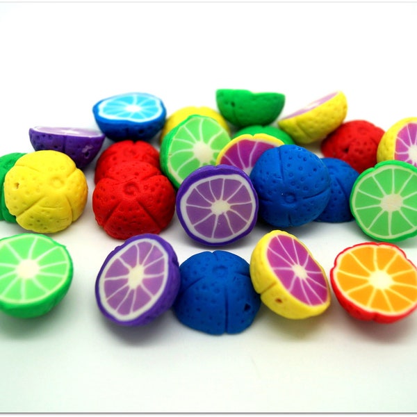 Lot de 5 perles - fruits coupés couleurs vives - fimo