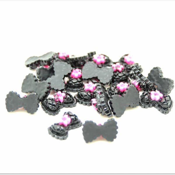 50 cabochons noeud noir fleur rose