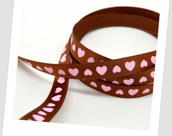 5 meters of Ribbon 9mm - Brown satin / Pink Hearts