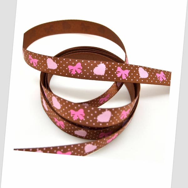 1 meter of 9mm - Brown satin ribbon / hearts and pink bows