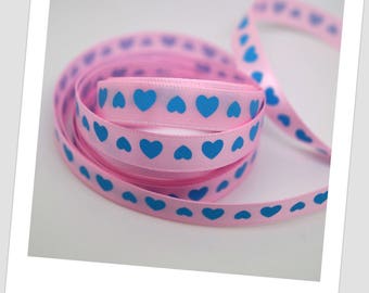 5 meters of 9mm - blue hearts - pink polyester Ribbon