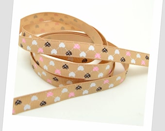 1 meter of Ribbon 9mm - Brown / pink / white with hearts