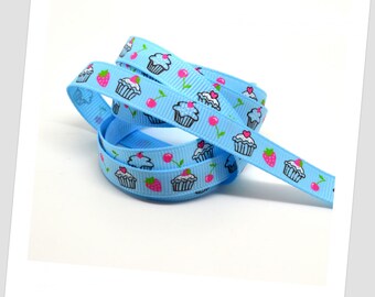 1 meter of Ribbon 9mm - blue / cakes / Strawberry / cherry