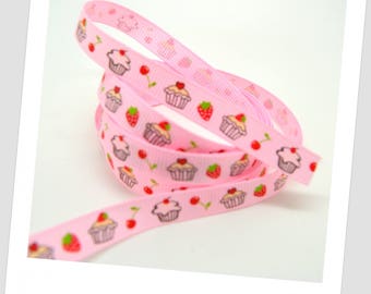 1 meter of Ribbon 9mm - pink / cakes / Strawberry / cherry