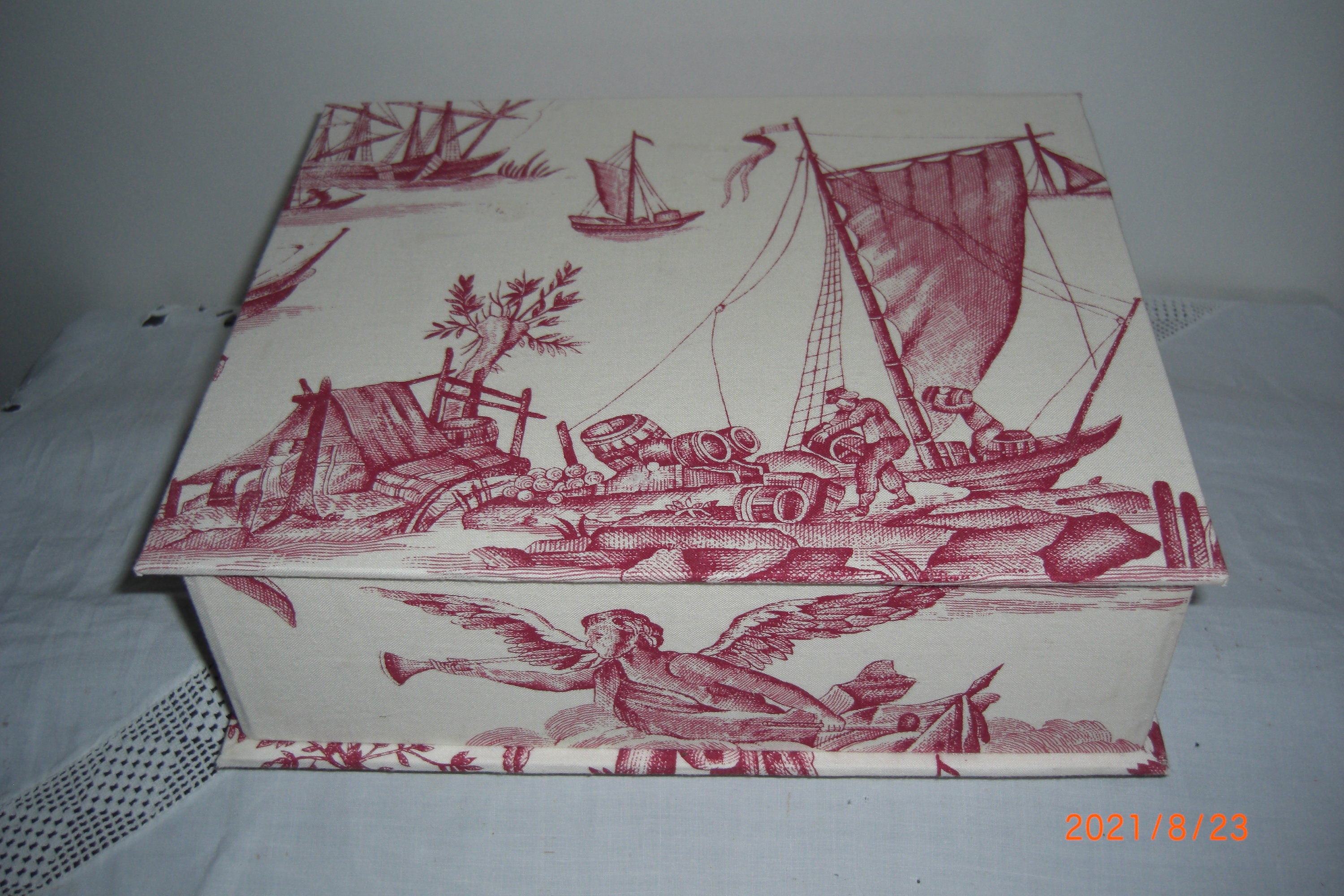 Coffret, Boite de Rangement, Tissu Toile Jouy Ancien