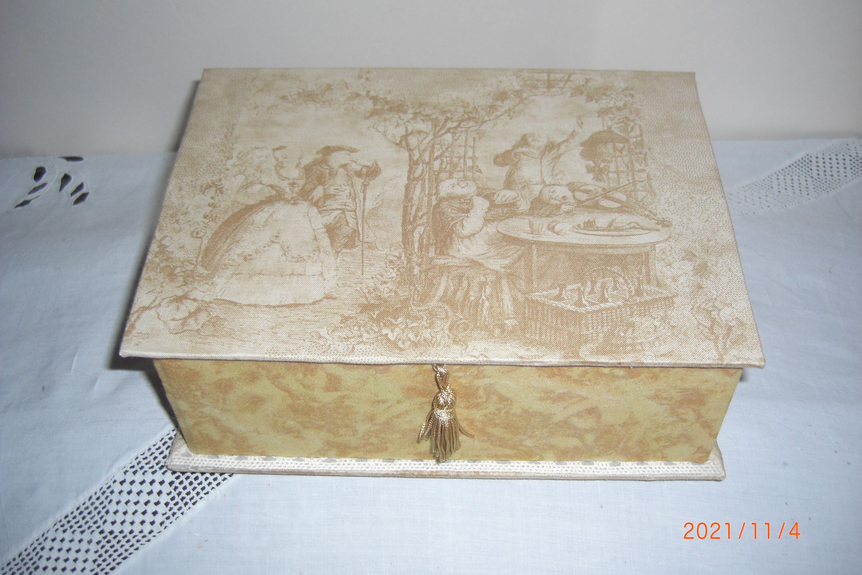 Coffret, Boite de Rangement, Tissu Toile Jouy Ancien Couleur Ocre