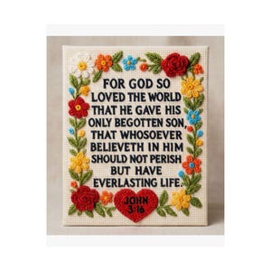 May include: Embroidered canvas with the text "FOR GOD SO LOVED THE WORLD" and a Bible verse. The canvas is framed with colorful embroidered flowers and leaves, including red roses and yellow daisies. A red heart with "JOHN 3:16" is at the bottom.