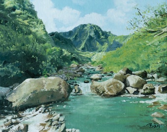May include: A painting of a river flowing through a lush green valley. The river is surrounded by large rocks and the water is a vibrant turquoise color. The valley is surrounded by mountains and trees. The painting is signed "Bair" in the lower right corner.