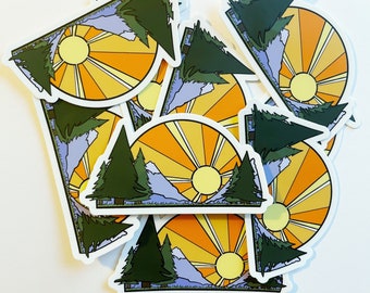Hand drawn! Beautiful sunrise vinyl sticker - 3.5x1.75” waterproof and scratch resistant thick vinyl sticker. Comes in a print as well!