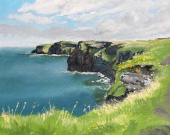 Ireland Coast Art Print | Cliffs and Ocean Oil Painting | Wild Atlantic Way Landscape | Travel Wall Art