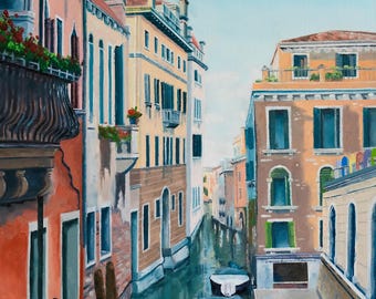 Venice Canal Art Print | Italy Oil Painting Reproduction | European Travel Wall Art | Gondola Canal Scene
