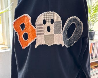 BOO Ghost Halloween Quilted Patchwork Sweatshirt Crewneck