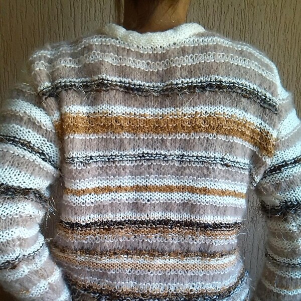 Large Mohair Striped Sweater, Hand-Made Beige and Brown Sweater, Very Hot Hand Knit Sweater, Winter Wool Hot Sweater, Christmas Gift Sweater