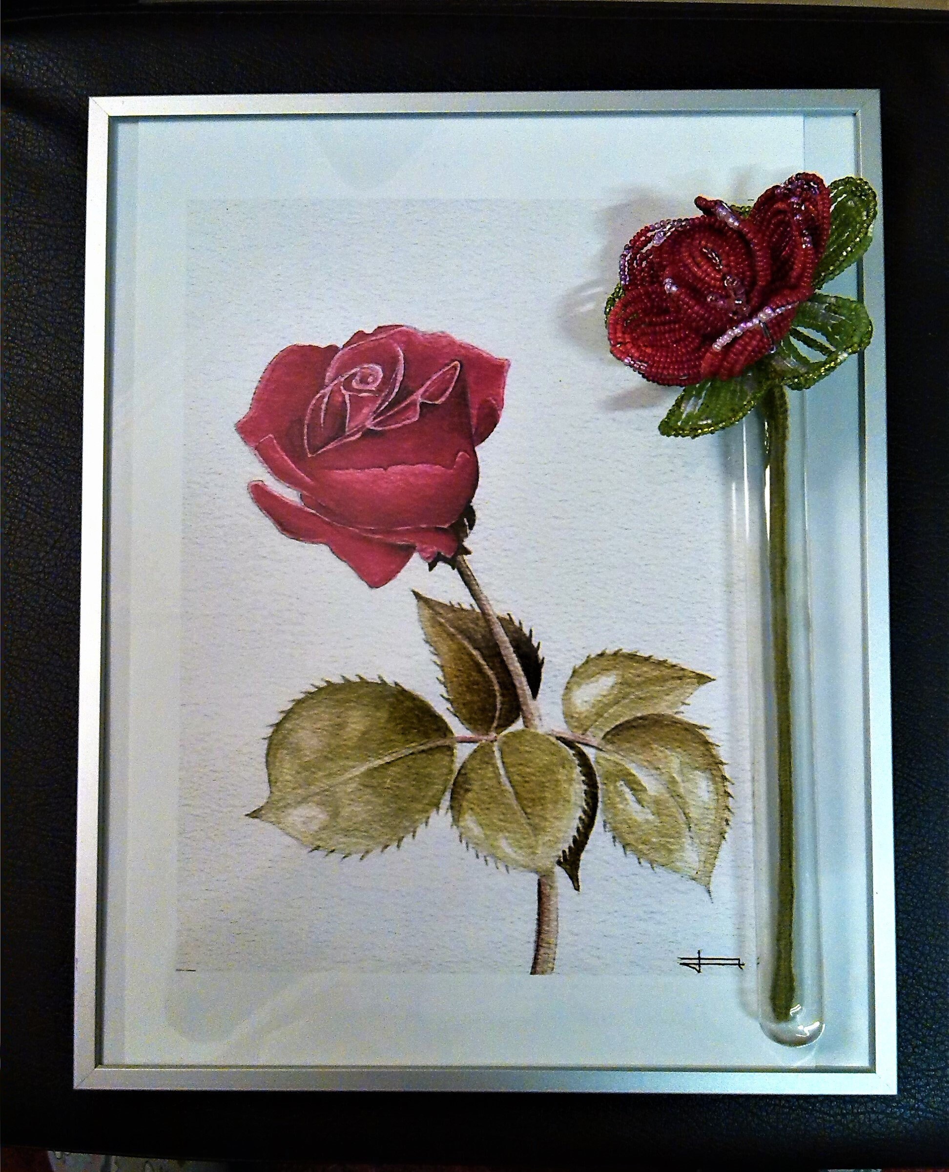 Saint Valentin Duo de Roses Rouges , Fleur en Perles sur Aquarelle Signée, Tableau Créateurs, Cadeau