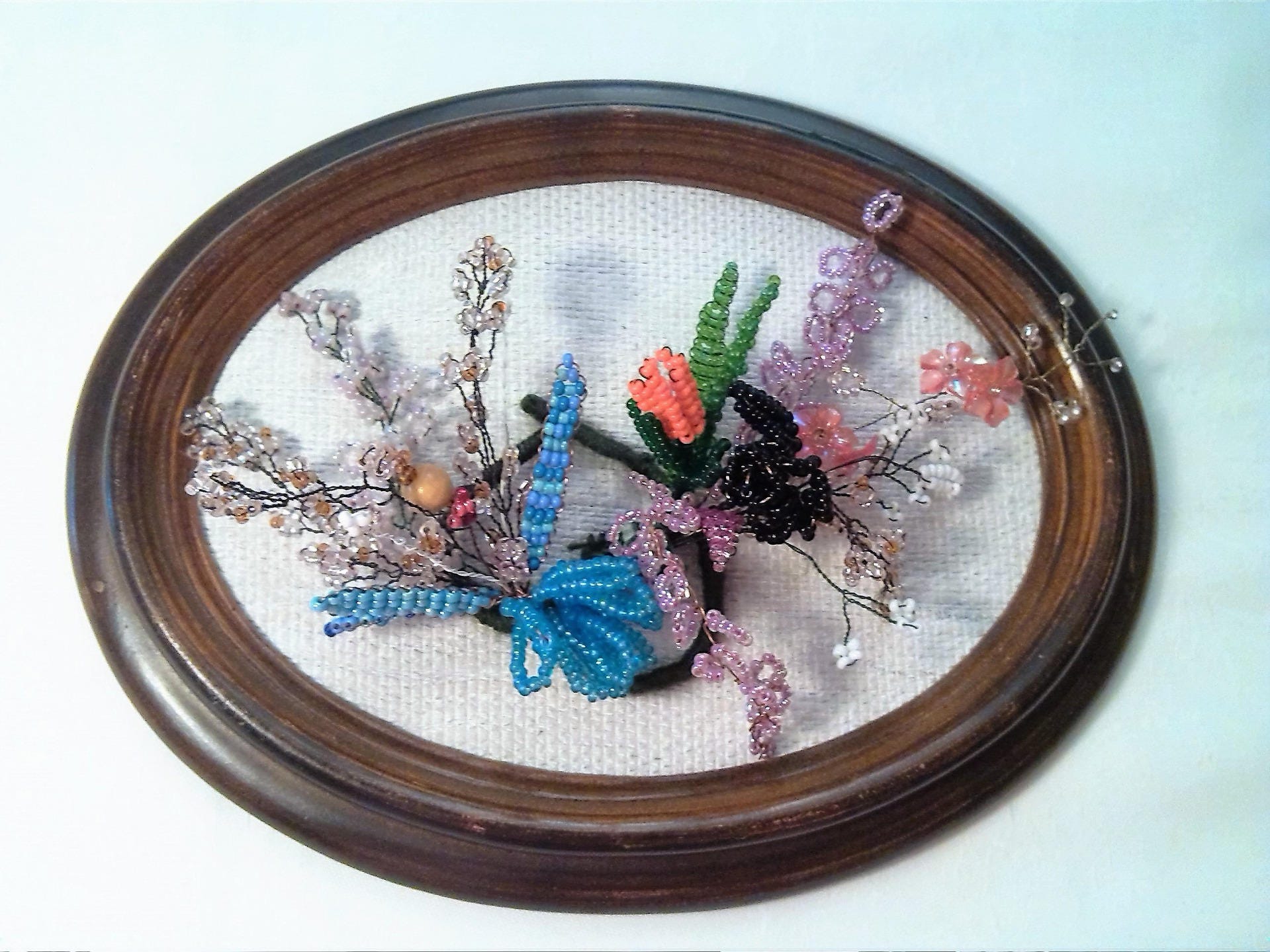 Cadre Bouquet en Perles , Fleurs Cadre Ovale Ancien, Composition Florale, Décoration Murale, Cadeau 