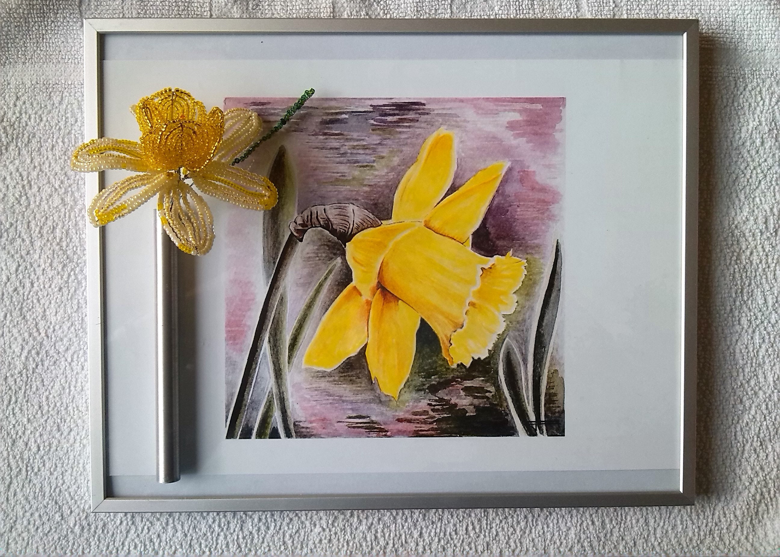 Aquarelle et Fleur en Perles, Tableau Fleur Perles Reproduction Jonquille Signée Par Le Peintre Jipé