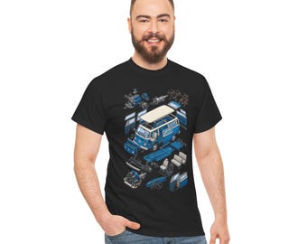 Exploded Blue Camper Van T-Shirt | Vintage VW Bus Parts Illustration