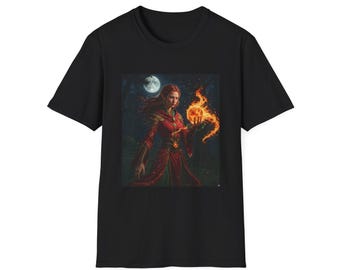 Red Mage Sorceress, Fireball, T-Shirt | Fantasy Wizard Woman Fire Magic Moon
