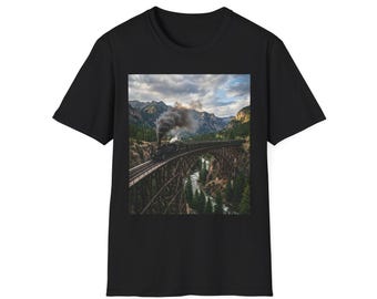 Vintage Steam Train Over Mountain Viaduct T-Shirt | Scenic Railroad Landscape