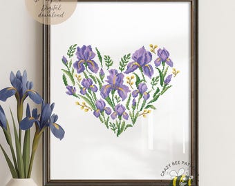 Cross Stitch Pattern - Iris Flowers Heart - Floral Design (PDF Pattern)