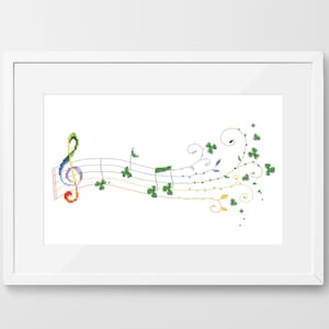 May include: A colorful treble clef and musical notes are surrounded by green shamrock leaves and vines. The musical notes are on a staff with a rainbow color scheme.