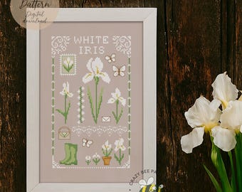 White Iris Floral Cross Stitch Pattern – Botanical Sampler (PDF Pattern)