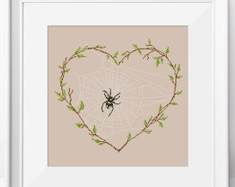 Spider on web cross stitch pattern Spider pdf pattern Spider in heart cross stitch Spider cross stitch design Halloween cross stitch chart