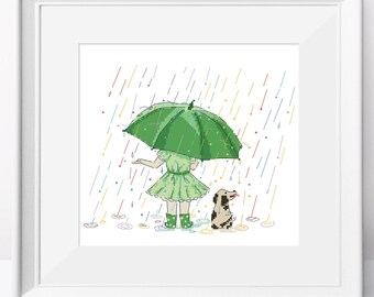 Lucky Rain Cross Stitch Pattern: Girl with Umbrella (PDF Pattern)