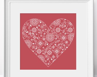 Floral Lace Heart Cross Stitch Pattern - Valentine's Wedding Decor (PDF Pattern)