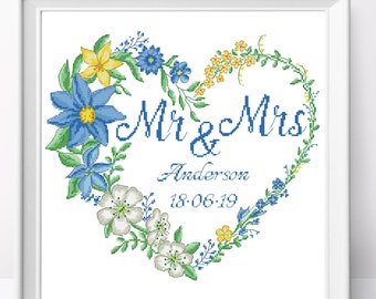 Blue Floral Wedding Heart Cross Stitch Pattern (PDF Pattern)