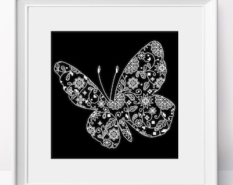 Lace Floral Schmetterling Kreuzstich-Muster: Einfarbiges Insekt-Design (PDF-Muster)