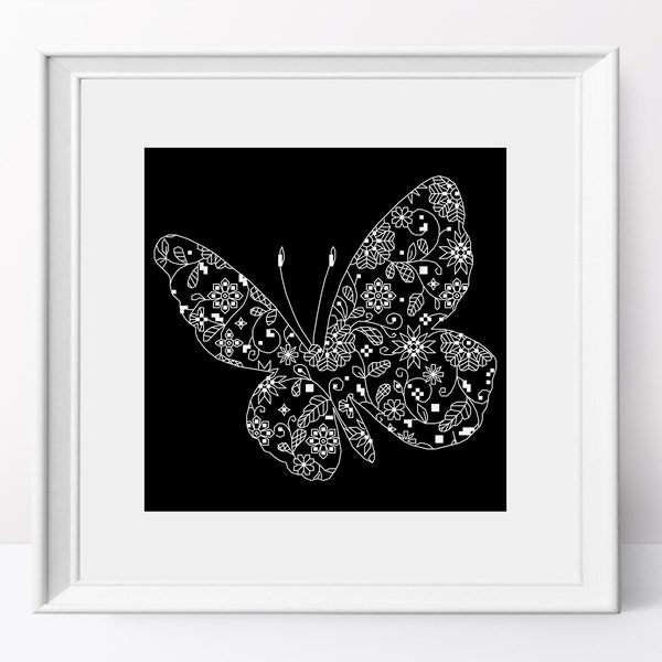 Lace floral butterfly - cross stitch pattern White butterfly cross stitch design One color cross stitch Insect pdf pattern Butterfly art