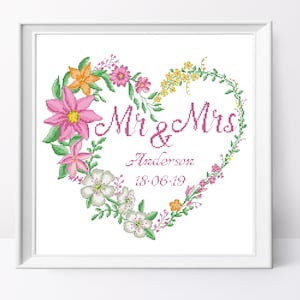 Floral Heart Wedding Cross Stitch Pattern: Pink Flowers (PDF Pattern)