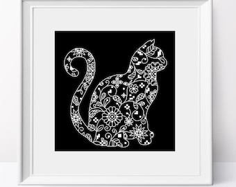 Floral Lace Cat Cross Stitch Pattern: One-Color Silhouette (PDF Pattern)