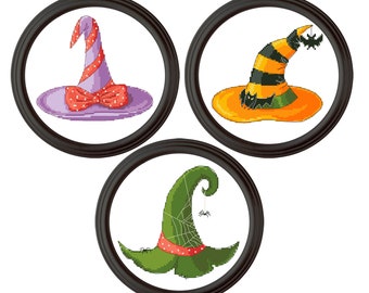 Witch Hats Cross Stitch Pattern: Halloween Set #2 (PDF Pattern)