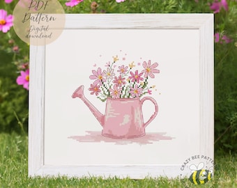 Pink Watering Can Cross Stitch Pattern: Cosmos Flowers Design (PDF Pattern)