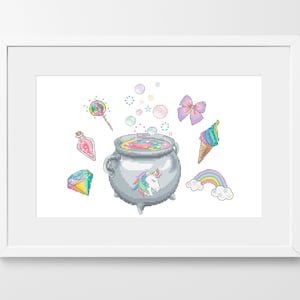Unicorn Potion Cauldron Cross Stitch Pattern: Rainbow Design (PDF Pattern)