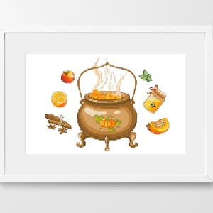 Pumpkin juice cross stitch pattern. Cauldron with pumpkin juice ingredients. Halloween pdf pattern. Halloween design. Potion cross stitch