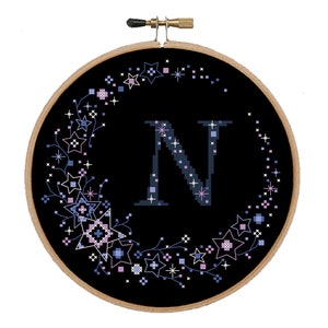 Star monogram N cross stitch pattern Letter N cross stitch design Star wreath pdf pattern Initial cross stitch Capital letter N pattern