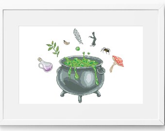 Witch Cauldron Cross Stitch Pattern: Halloween Potion Design (PDF Pattern)