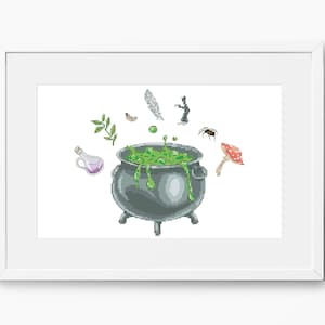 Witch cauldron cross stitch pattern Cauldron with ingredients cross stitch design Halloween pdf pattern Halloween décor Potion cross stitch
