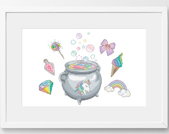 Unicorn Potion Cauldron Cross Stitch Pattern: Rainbow Design (PDF Pattern)