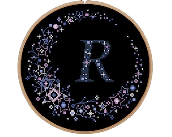 Star Monogram 'R' Cross Stitch Pattern: Wreath Design (PDF Pattern)