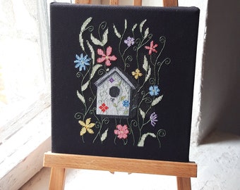 Birdhouse Nightlight Cross Stitch Pattern: Floral Black Aida (PDF)