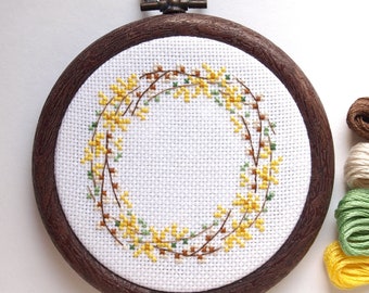 Forsythia wreath cross stitch pattern Floral wreath pdf pattern Spring design Forsythia cross stitch pattern Easter gift Flowers pdf pattern