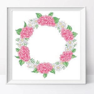 Pink Hydrangea Wreath Cross Stitch Pattern Garden Cross Stitch Wreath ...