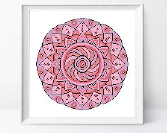 Violet pink mandala cross stitch pattern. Geometric cross stitch design. Mandala pattern. Pink mandala decor. Counted cross stitch pattern.
